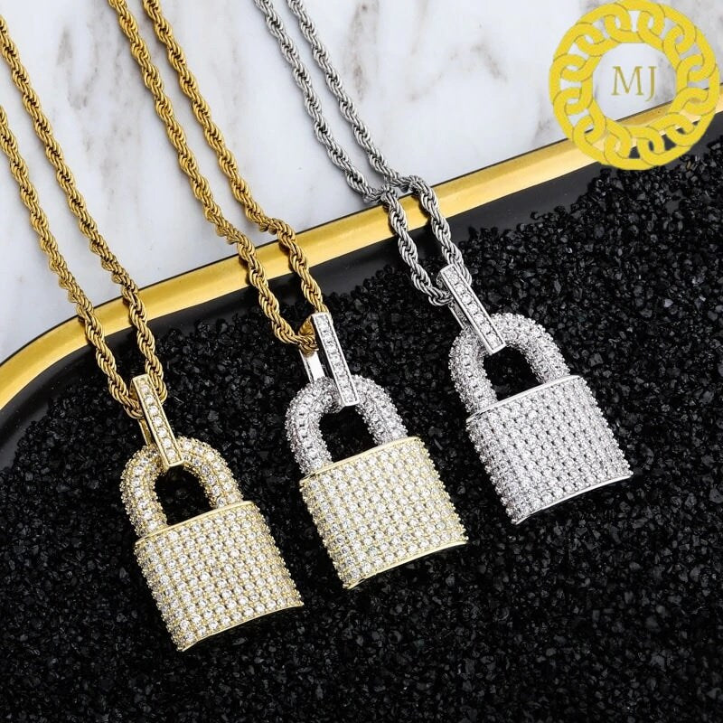 Padlock necklace, Silver Moissanite Lock Pendant Necklace 3mm Rope Chain Iced Out Bling Moissanite Charm Choker For Men Women Hip Hop