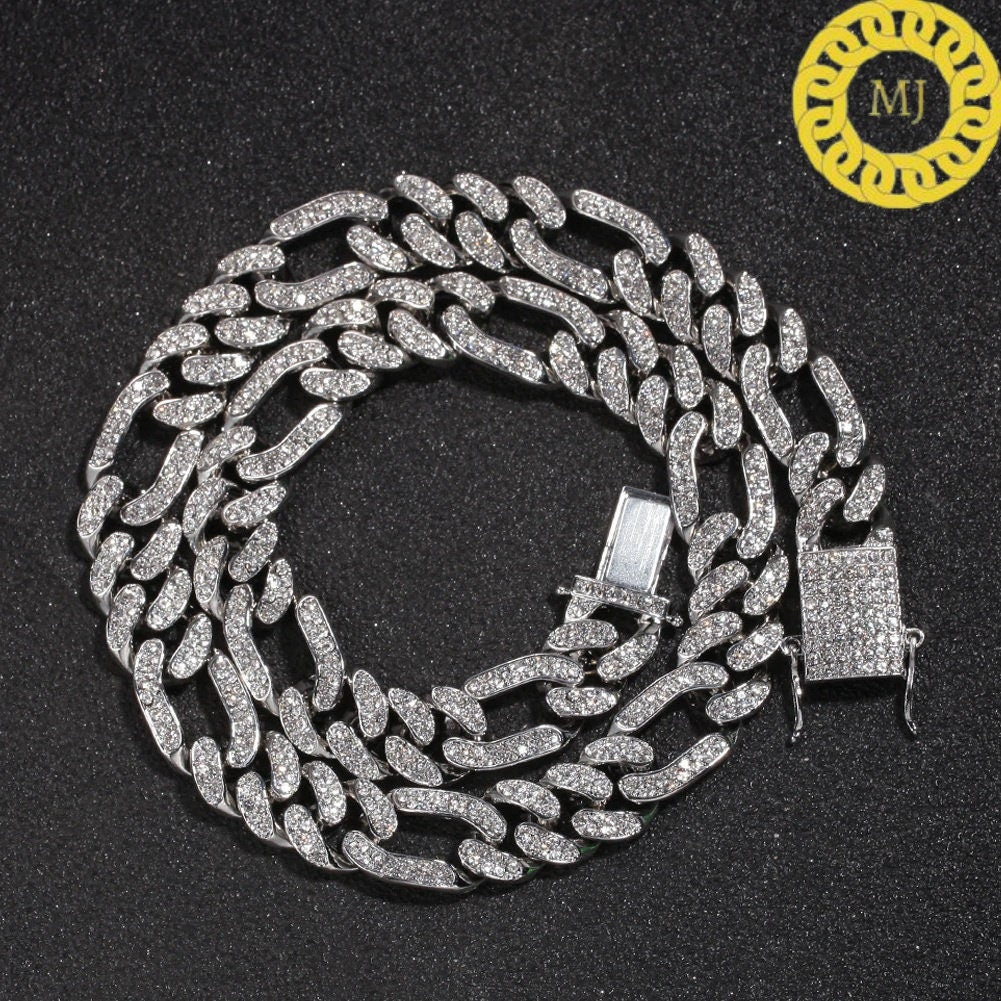 13MM VVS1 Moissanite Diamond Miami Cuban Figaro Chain With 14k White Gold Finished In Sterling Silver 925,16"-28'' ,Pass The Diamond Tester