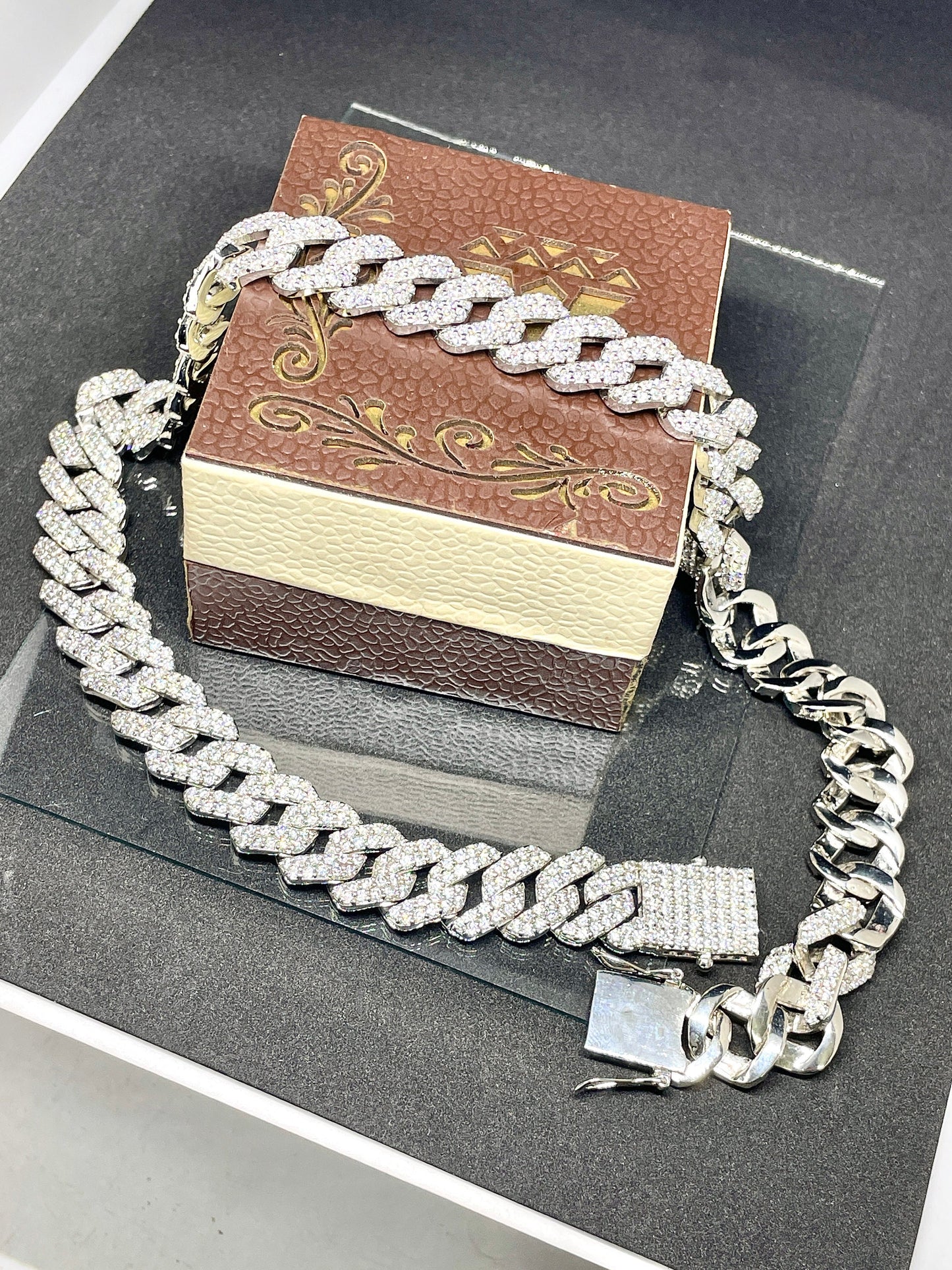 14MM VVS1 Moissanite Diamond Miami Cuban Chain With 14k White Gold Finished In Sterling Silver 925 , 16 - 26'' ,Pass The Diamond Tester