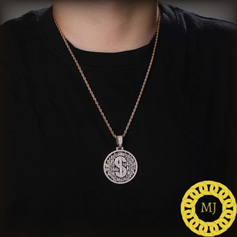 Men's Solid 925 Sterling Silver Iced Out Dollar Sign Money Pendant Baguette Diamond* Hip Hop Rapper Chain Necklace 16" - 30" Rope chain 4 mm