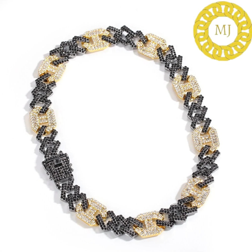 17MM VVS1 Moissanite Diamond Miami Cuban Figaro Chain in Sterling Silver 925, Iced out Two tone 3:1 Figaro Necklace,Pass The Diamond Tester