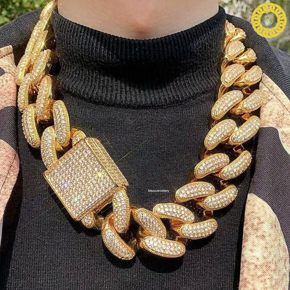 Heavy Solid 925 Sterling Silver Men's VVS1 Moissanite Diamonds Studded Cuban Chain,Icedout Rapper chains,40mm wide, Icy Quality Box Clasp