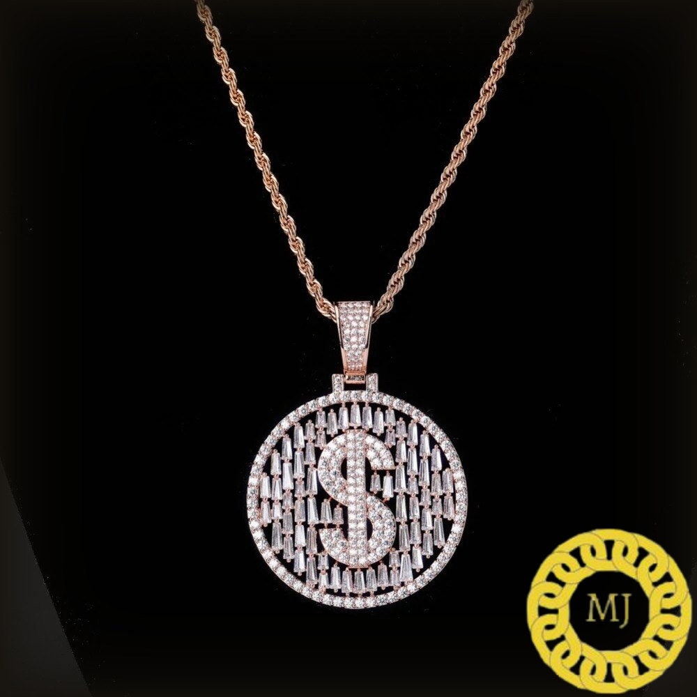Men's Solid 925 Sterling Silver Iced Out Dollar Sign Money Pendant Baguette Diamond* Hip Hop Rapper Chain Necklace 16" - 30" Rope chain 4 mm