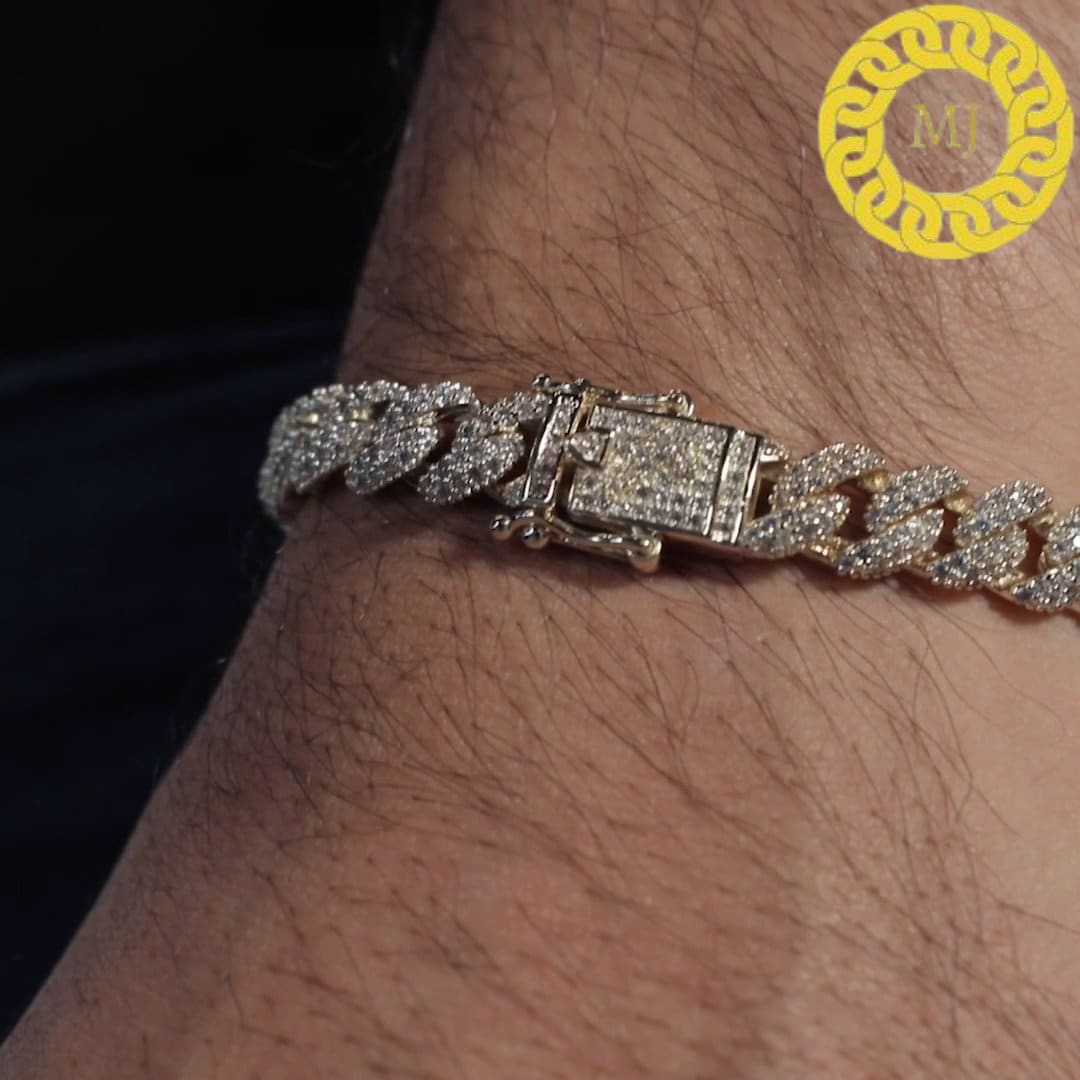 8.5mm Cuban Link Chain Iced Out Bracelet,Hip Hop Bling, Unisex Bracelet, Gift For Him/Her, Natural Moissanite Cuban Bracelet,Sterling Silver