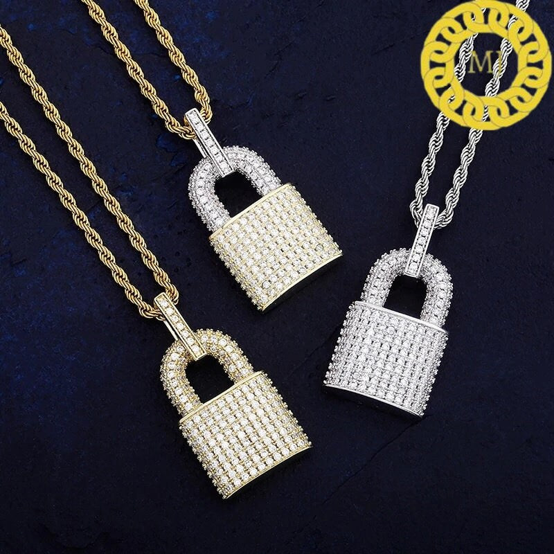 Padlock necklace, Silver Moissanite Lock Pendant Necklace 3mm Rope Chain Iced Out Bling Moissanite Charm Choker For Men Women Hip Hop
