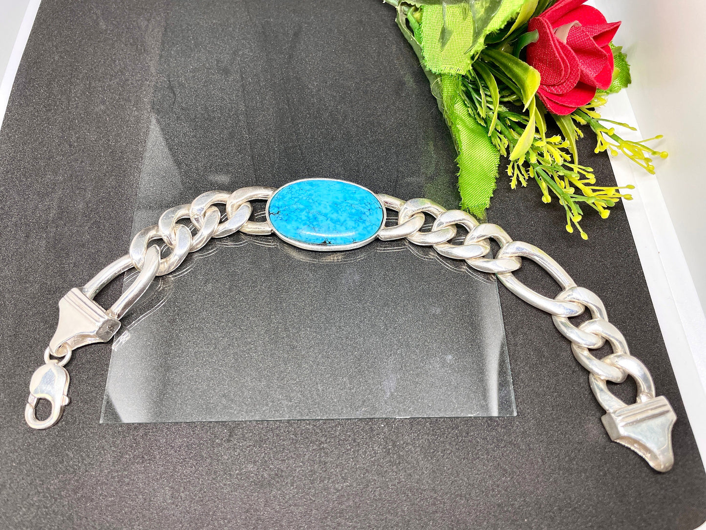 turquoise figaro Chain Bracelet, 925 Sterling Silver Cabochon Men's Jewelry December Birthstone,heavy Figaro silver Bracelet,Gifts for him