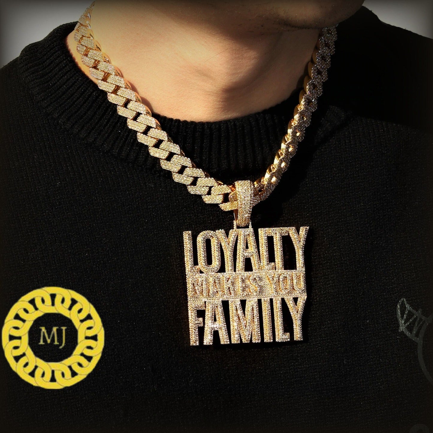 Full Icedout loyalty Makes You Family Necklace , 14k Gold Finish Moissanite Diamond Hip Hop Charm Pendant in 925 silver w/ Rope Chain,