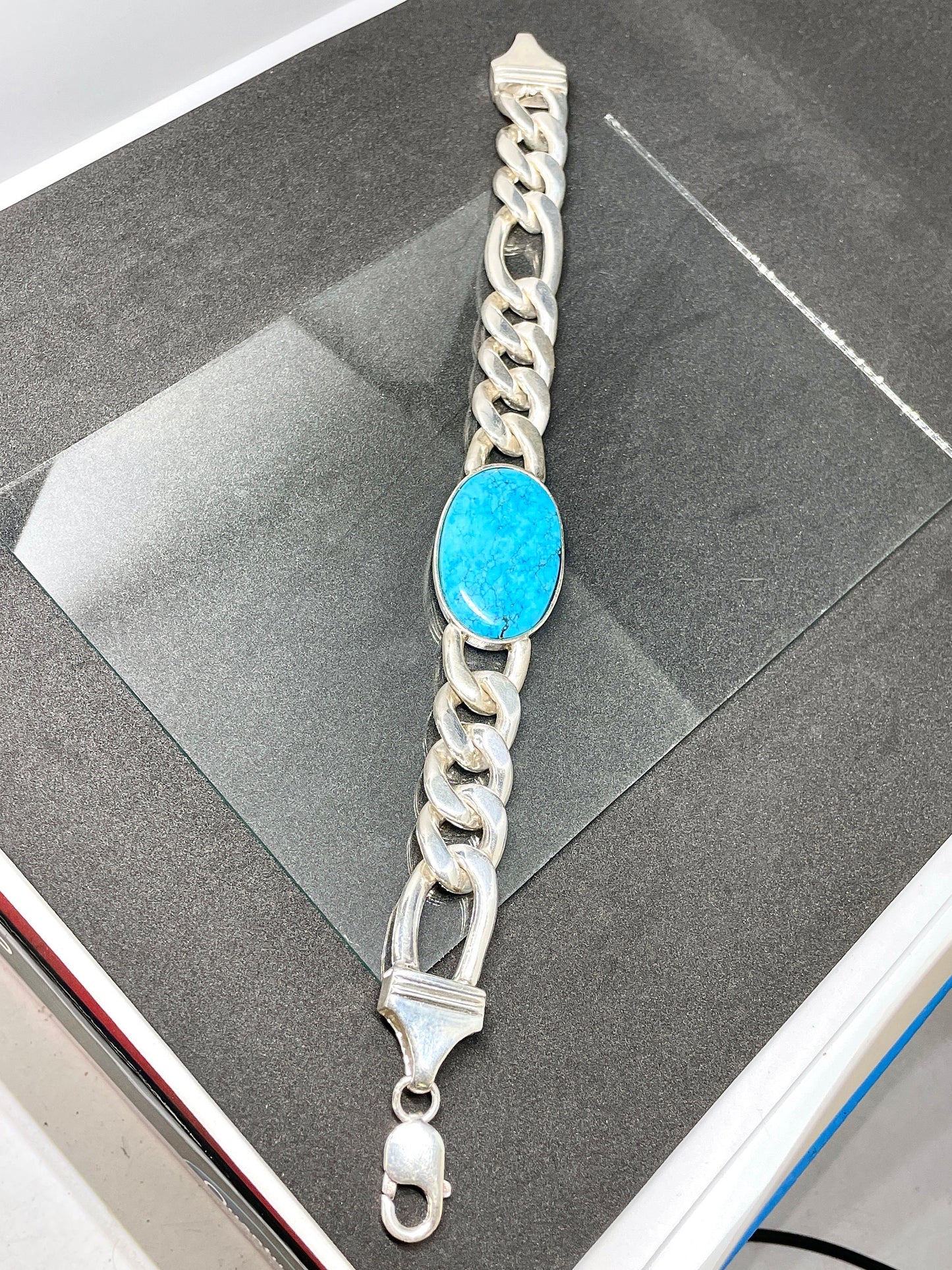 turquoise figaro Chain Bracelet, 925 Sterling Silver Cabochon Men's Jewelry December Birthstone,heavy Figaro silver Bracelet,Gifts for him