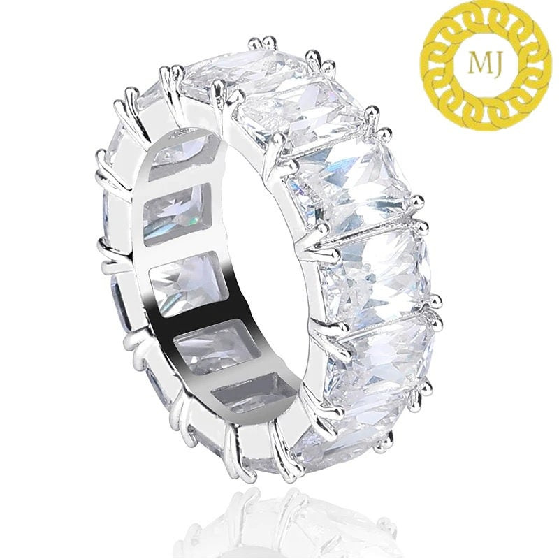 8mm 925 Sterling Silver Emerald Cut Baguette Eternity Ring VVS Moissanite Iced Out Rings,Icy infinity band, Rapper ring,Hiphop band