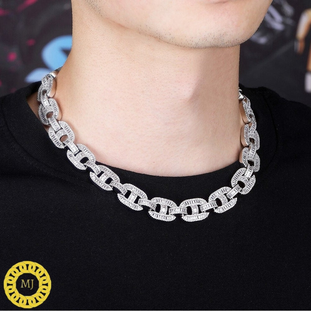 Heavy Solid 925 Sterling Silver Men's VVS1 Baguette Moissanite Diamonds Chain-15mm Flooded Ice True Baguette Stone Baguette  Link Chain