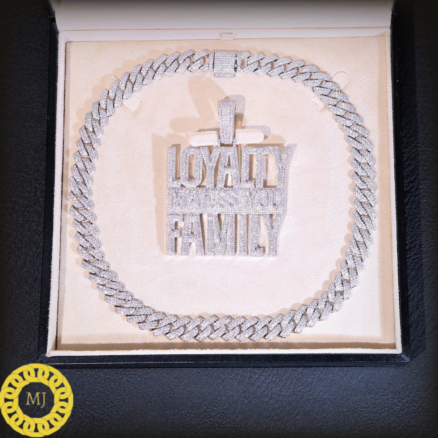 Full Icedout loyalty Makes You Family Necklace , 14k Gold Finish Moissanite Diamond Hip Hop Charm Pendant in 925 silver w/ Rope Chain,