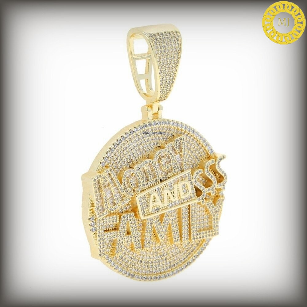925 Silver Money And Family Luxury Round Disc Edition Pendant, Hip Hop Jewelry, Iced Out Pendant, Rope Chain, Never Fade or Rust, Shine