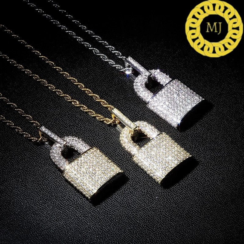 Padlock necklace, Silver Moissanite Lock Pendant Necklace 3mm Rope Chain Iced Out Bling Moissanite Charm Choker For Men Women Hip Hop