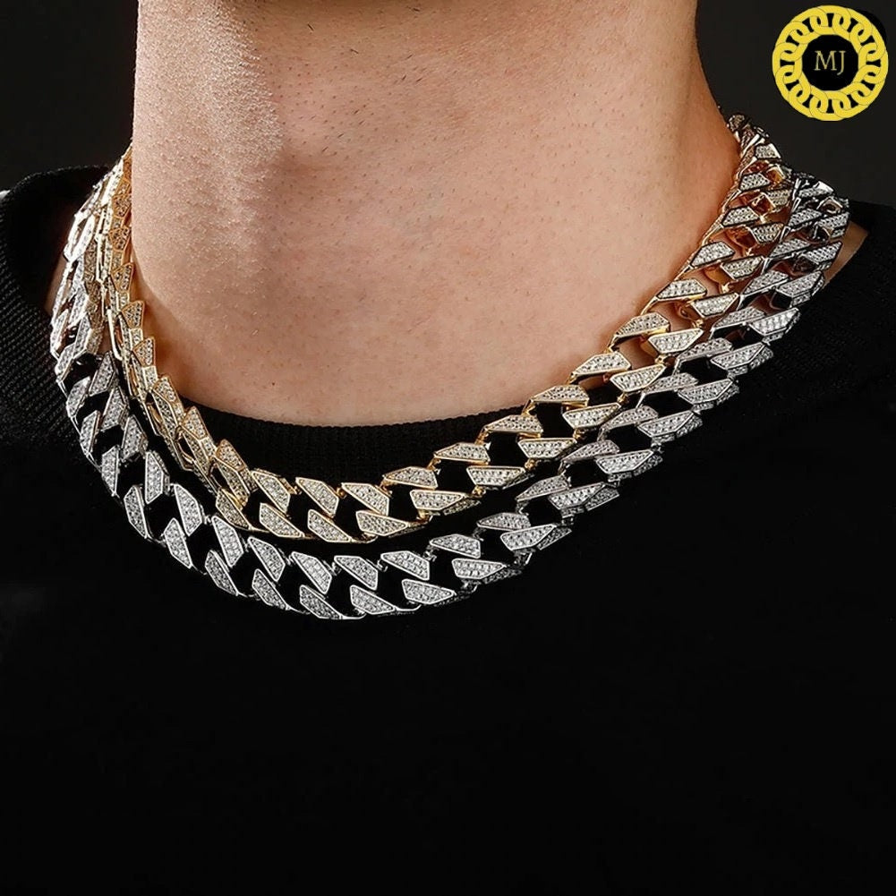 Heavy Solid 925 Sterling Silver Men's VVS1 Moissanite Diamonds Studded Cuban Chain,Icedout Rapper chain,12mm wide,Marquise Quality Box Clasp