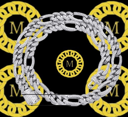 10MM VVS1 Moissanite Diamond Miami Cuban Figaro Chain With 14k White Gold Finished In Sterling Silver 925,16"-26'' ,Pass The Diamond Tester