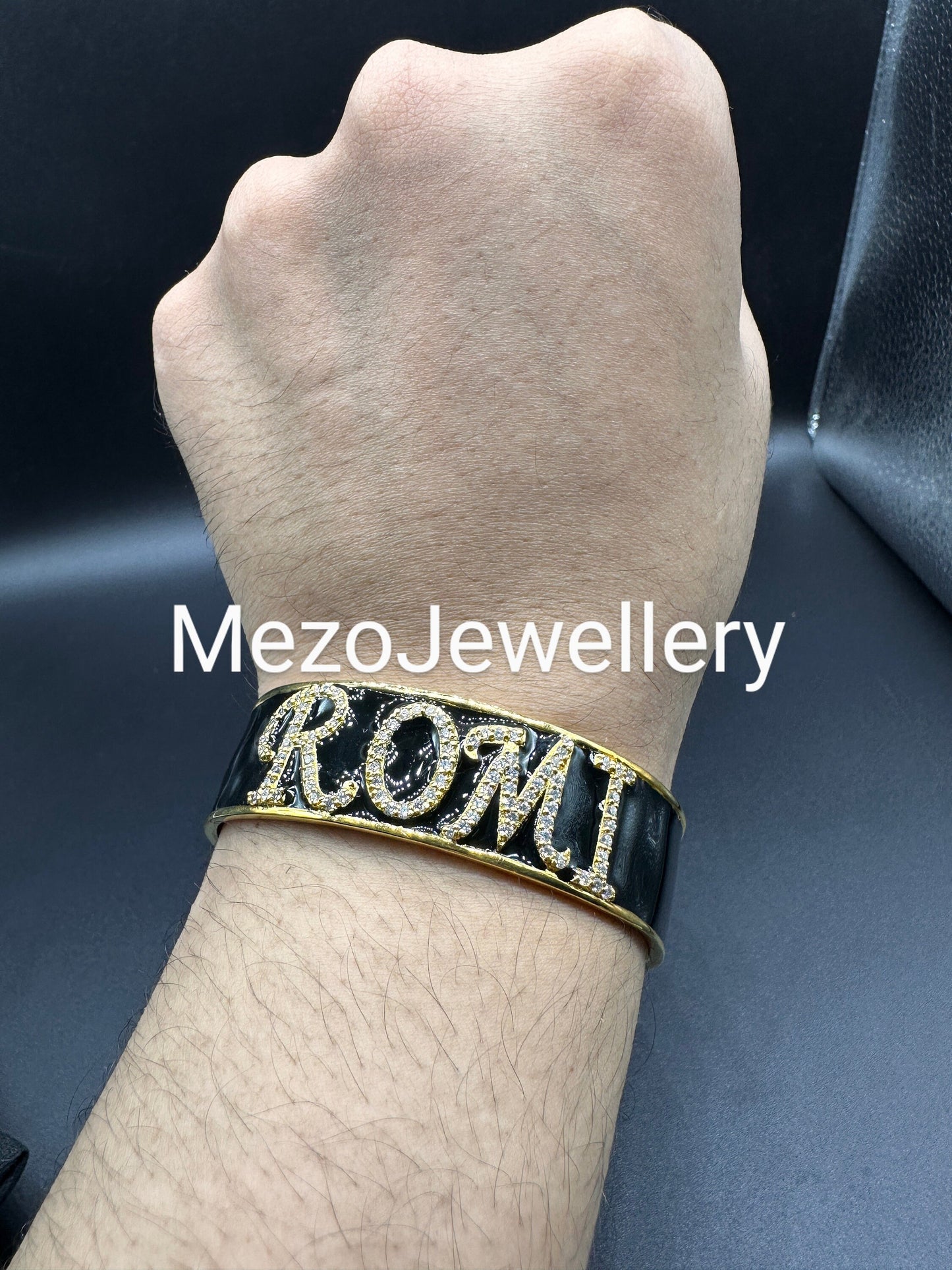 18ct Gold Custom Initial Bracelet, 925 Silver Personalised Enamel Handmade With Names,20mm,Heavy Bangle, Birthday Birthday, Valentines gift