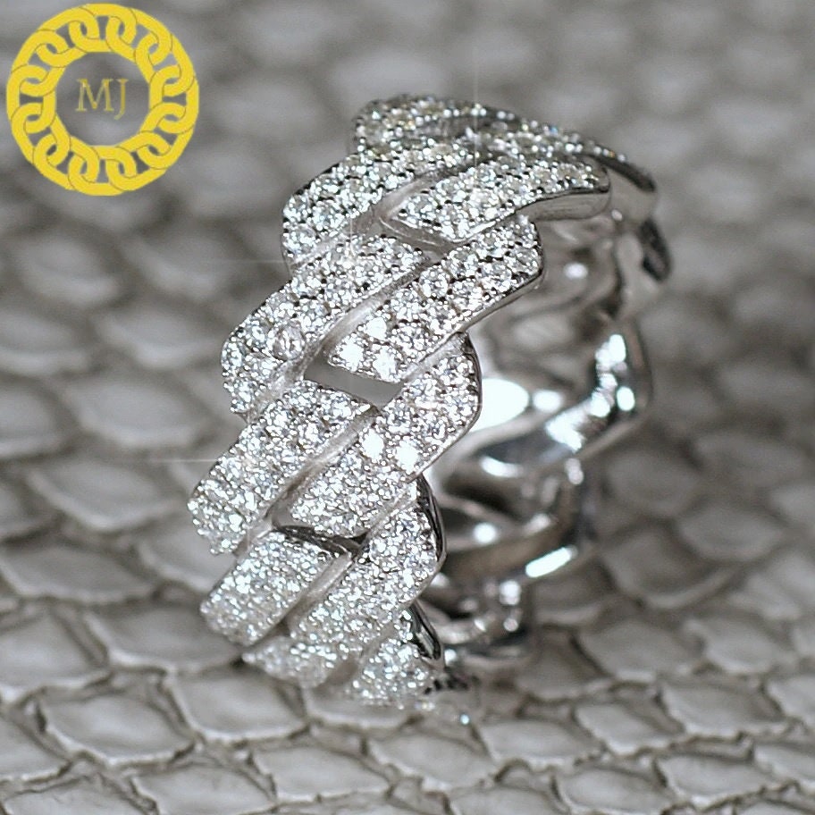 11 mm Moissanite Diamond Cuban link Ring, 925 Solid Silver Pave Cuban Ring Best Selling,Men's, Women's, Unisex Ring,iced Hiphop Cuban band