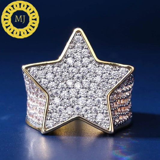 Mens Sterling Silver Iced Out Star Ring Moissanite Diamond Ring Hip Hop Designer Custom Ring 14K Gold Finish Handmade Moissanite jewelry