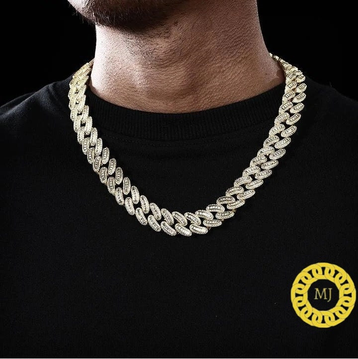 16MM VVS1 Moissanite Icedout baguette cut Cuban Chain With 14k White Gold Finished In Sterling Silver 925, 16 - 26'',Pass The Diamond Tester