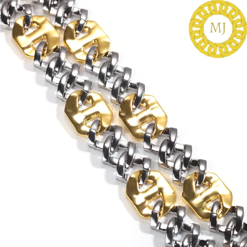 17MM VVS1 Moissanite Diamond Miami Cuban Figaro Chain in Sterling Silver 925, Iced out Two tone 3:1 Figaro Necklace,Pass The Diamond Tester