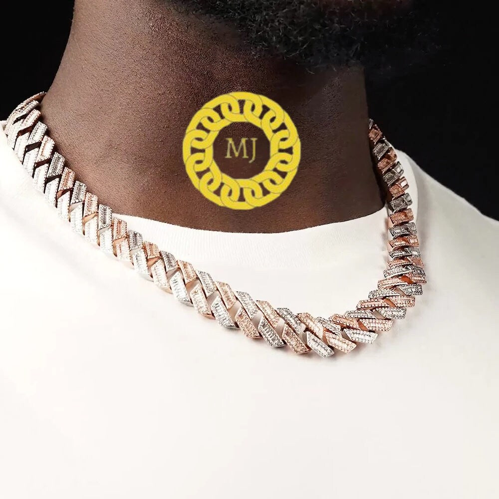 Heavy Solid 925 Sterling Silver Men's VVS1 Moissanite Baguette Studded Cuban Chain,Icedout Rapper chains,18mm wide, Quality Box Clasp