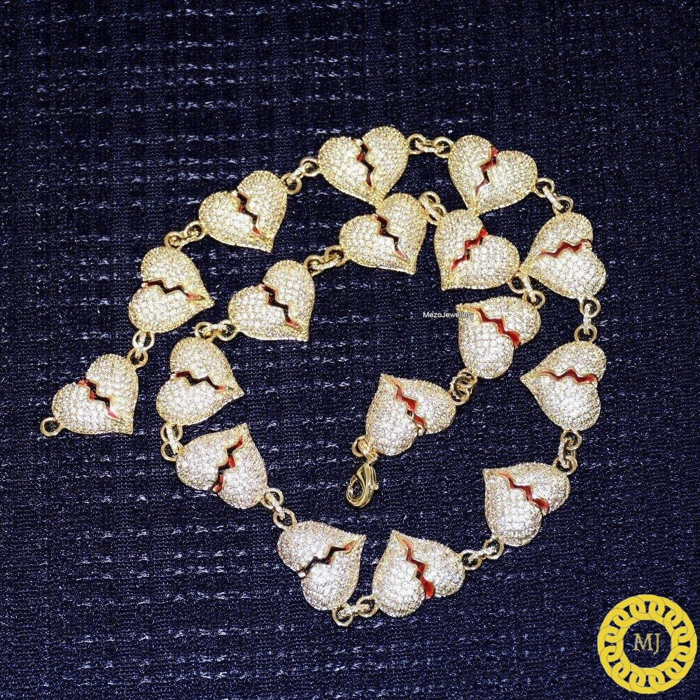 Iced Out Broken Heart Cuban Link Necklace  Solid 925 Sterling Silver VVS1 Moissanite Diamonds Studded Cuban Chain,Rapper chains,12mm wide