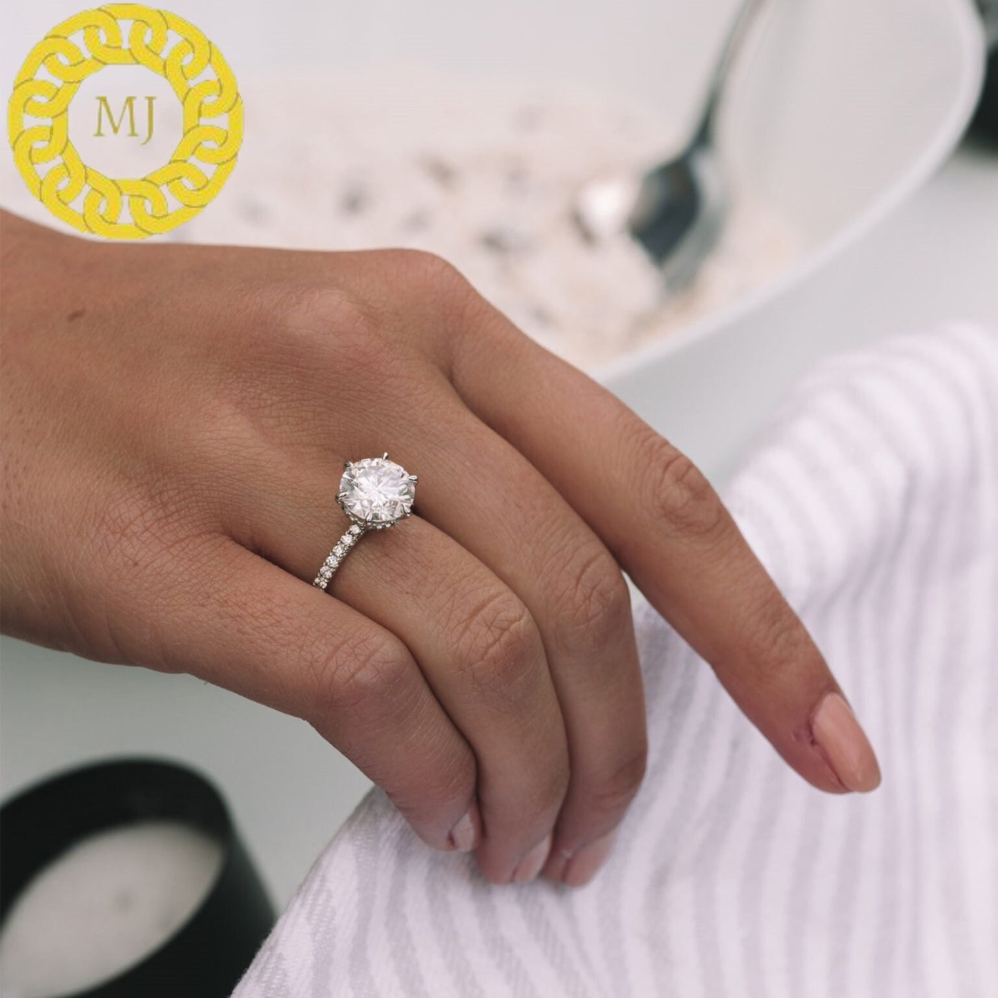 stunning 10mm Round cut Moissanite Diamond ring in 6 claw setting with a gorgeous wrap around Hidden Halo,finished by 2mm Pavé band