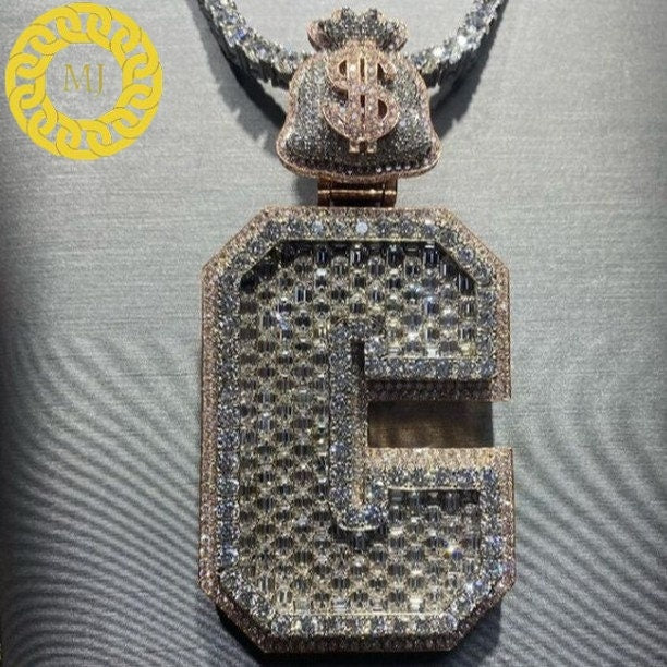 Moissanite Baguette Font Hip Hop Custom Name Necklace,Iced Out Pendant,Initial C  Letter Personalized Pendant,Icy Necklace Gift for Her,