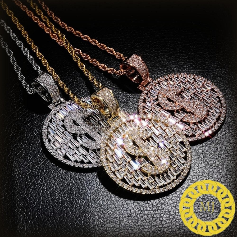 Men's Solid 925 Sterling Silver Iced Out Dollar Sign Money Pendant Baguette Diamond* Hip Hop Rapper Chain Necklace 16" - 30" Rope chain 4 mm