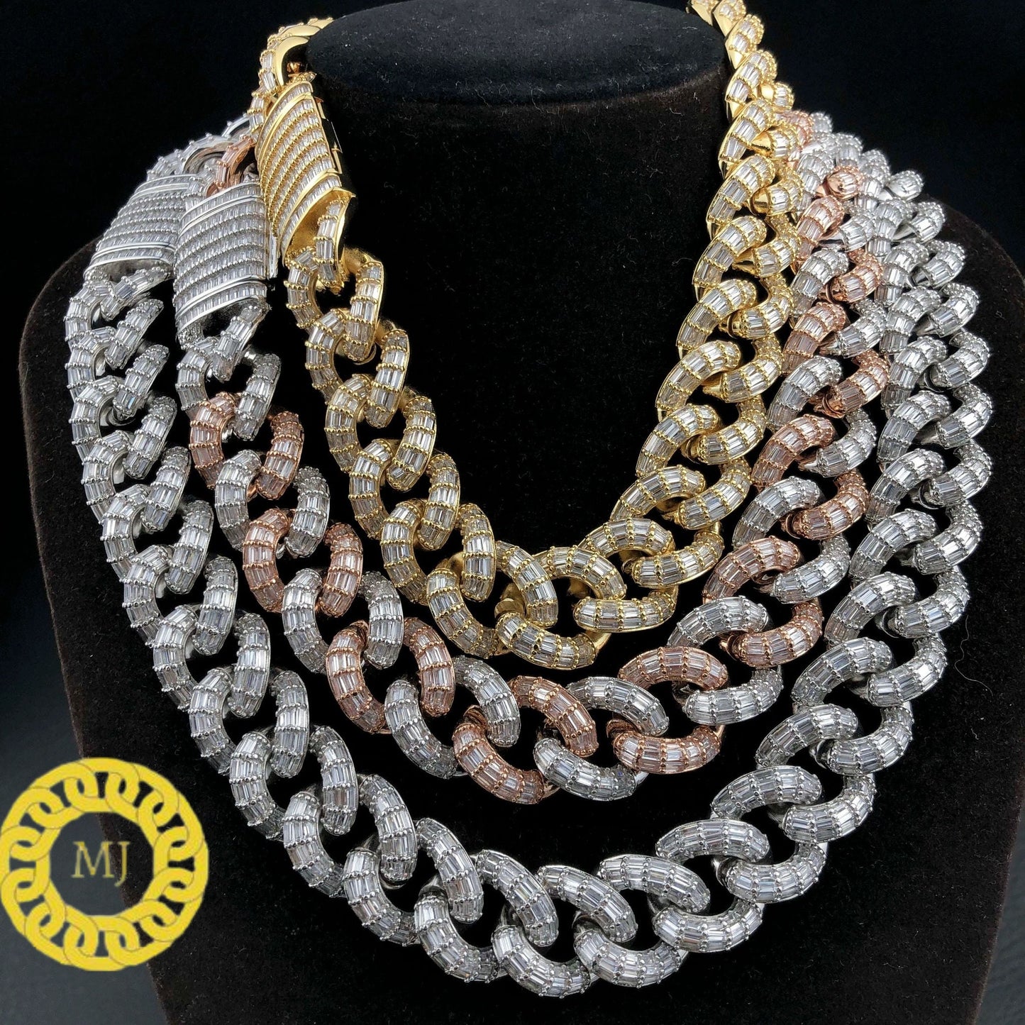 Heavy Solid 925 Sterling Silver Men's VVS1Baguette Moissanite Diamonds Chain-3 Row Baguette Ice Crazy Hip Hop 19MM Cuban Link Chain Necklace