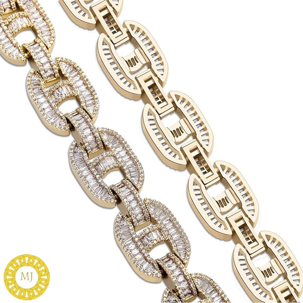 Heavy Solid 925 Sterling Silver Men's VVS1 Baguette Moissanite Diamonds Chain-15mm Flooded Ice True Baguette Stone Baguette  Link Chain