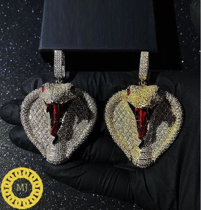 Hip Hop VVS 3d Moissanite Cobra Snake Necklace,Iced Out Big Bail Red Tongue Snake Pendant Chain,with Free Rope Chain,Birthday Gifts for him