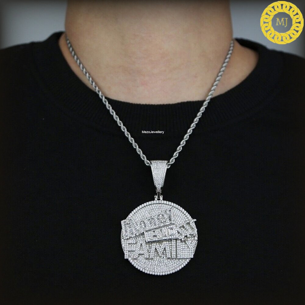 925 Silver Money And Family Luxury Round Disc Edition Pendant, Hip Hop Jewelry, Iced Out Pendant, Rope Chain, Never Fade or Rust, Shine