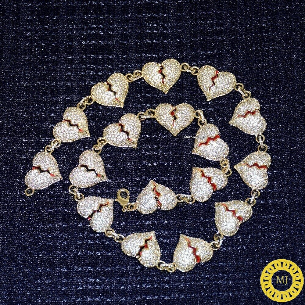 Iced Out Broken Heart Cuban Link Necklace  Solid 925 Sterling Silver VVS1 Moissanite Diamonds Studded Cuban Chain,Rapper chains,12mm wide