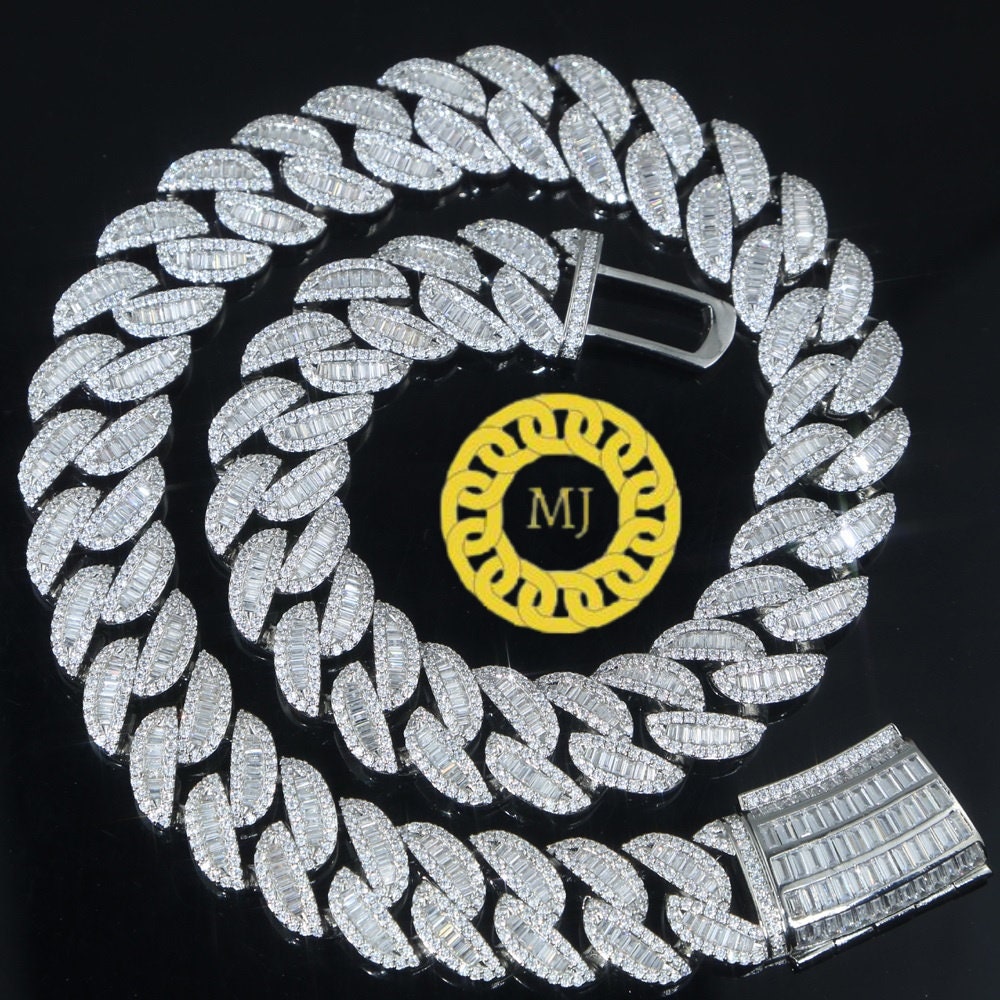 Heavy Solid 925 Sterling Silver Men's VVS1 Moissanite Baguette Studded Cuban Chain,Icedout Rapper chains,20mm wide, Quality Box Clasp