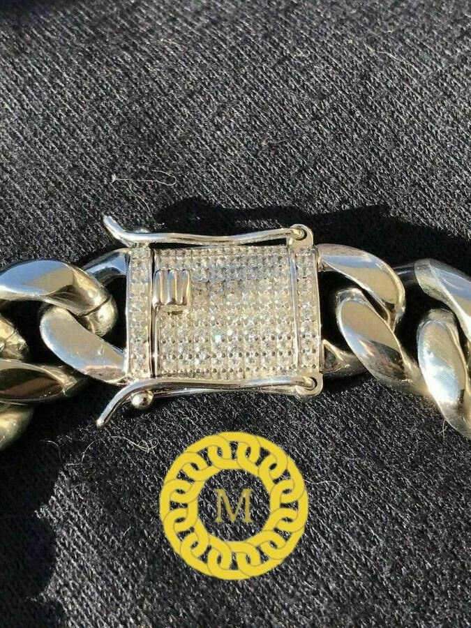 Heavy Solid 925 Sterling Silver Men's Miami Cuban curb Chain Necklace Anti-Tarnish, 14mm wide 18"-26" Inch Hop with Moissanite Diamond Clasp